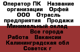 Оператор ПК › Название организации ­ Орфей, ООО › Отрасль предприятия ­ Продажи › Минимальный оклад ­ 20 000 - Все города Работа » Вакансии   . Калининградская обл.,Советск г.